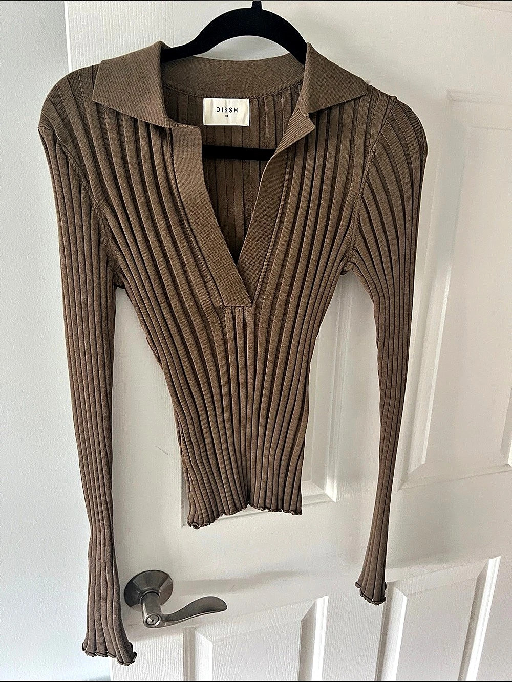 Dissh Leonie Polo Knit Top Ribbed V-Neck Brown